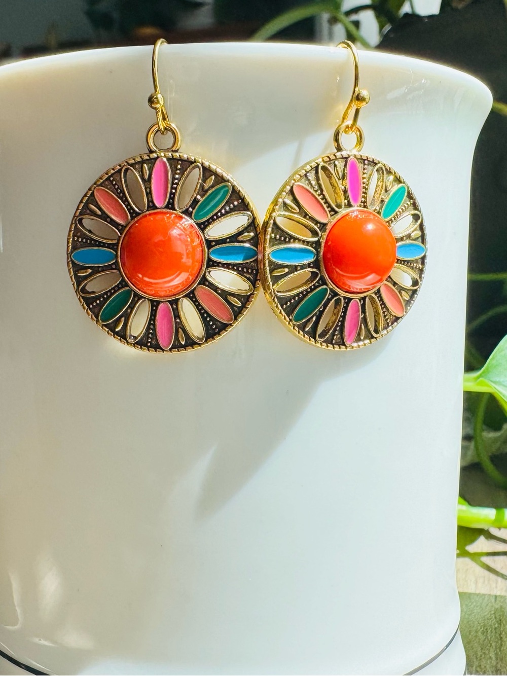 Multicolor Sunburst Drop Earrings with Orange Center 1” diameter